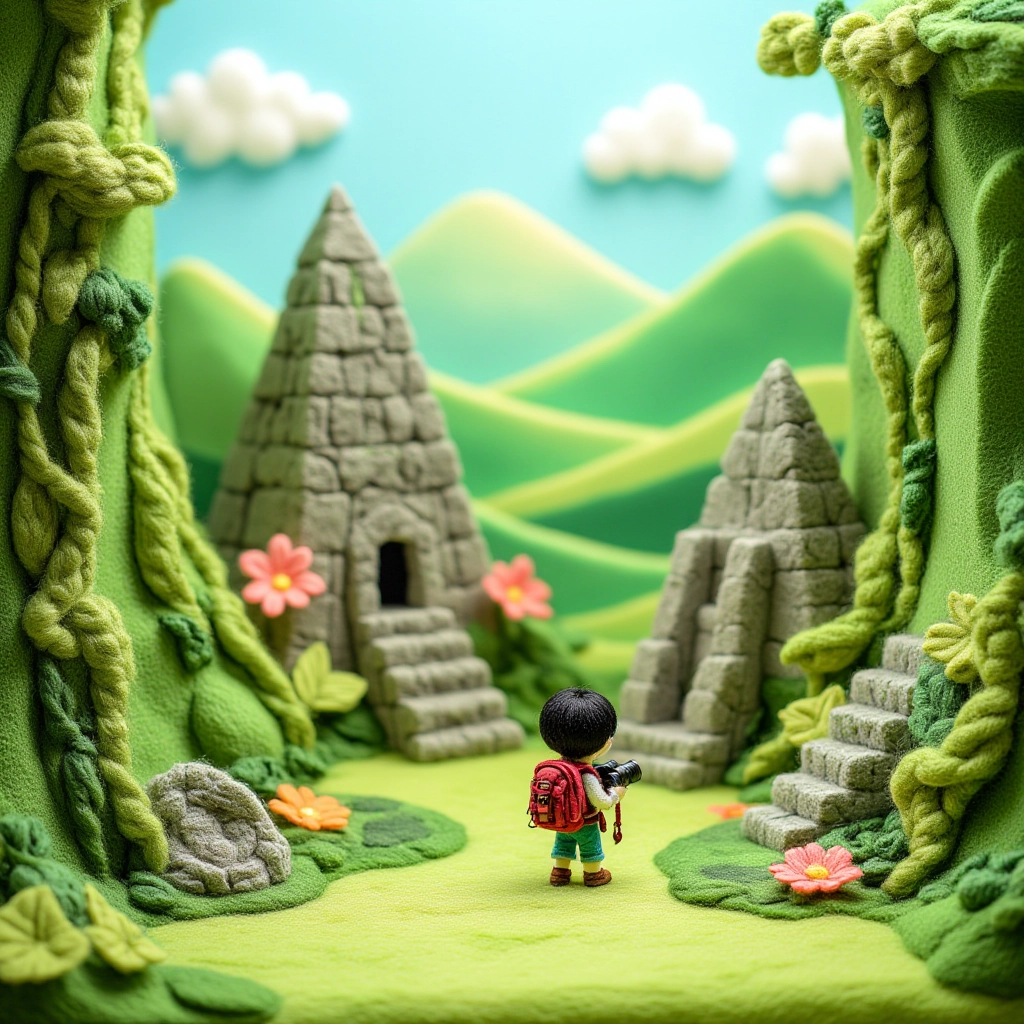 Juaner_wool,
A brave young explorer with a backpack and binoculars, discovering an ancient jungle ruin overgrown with vines, surrounded by towering stone pyramids.