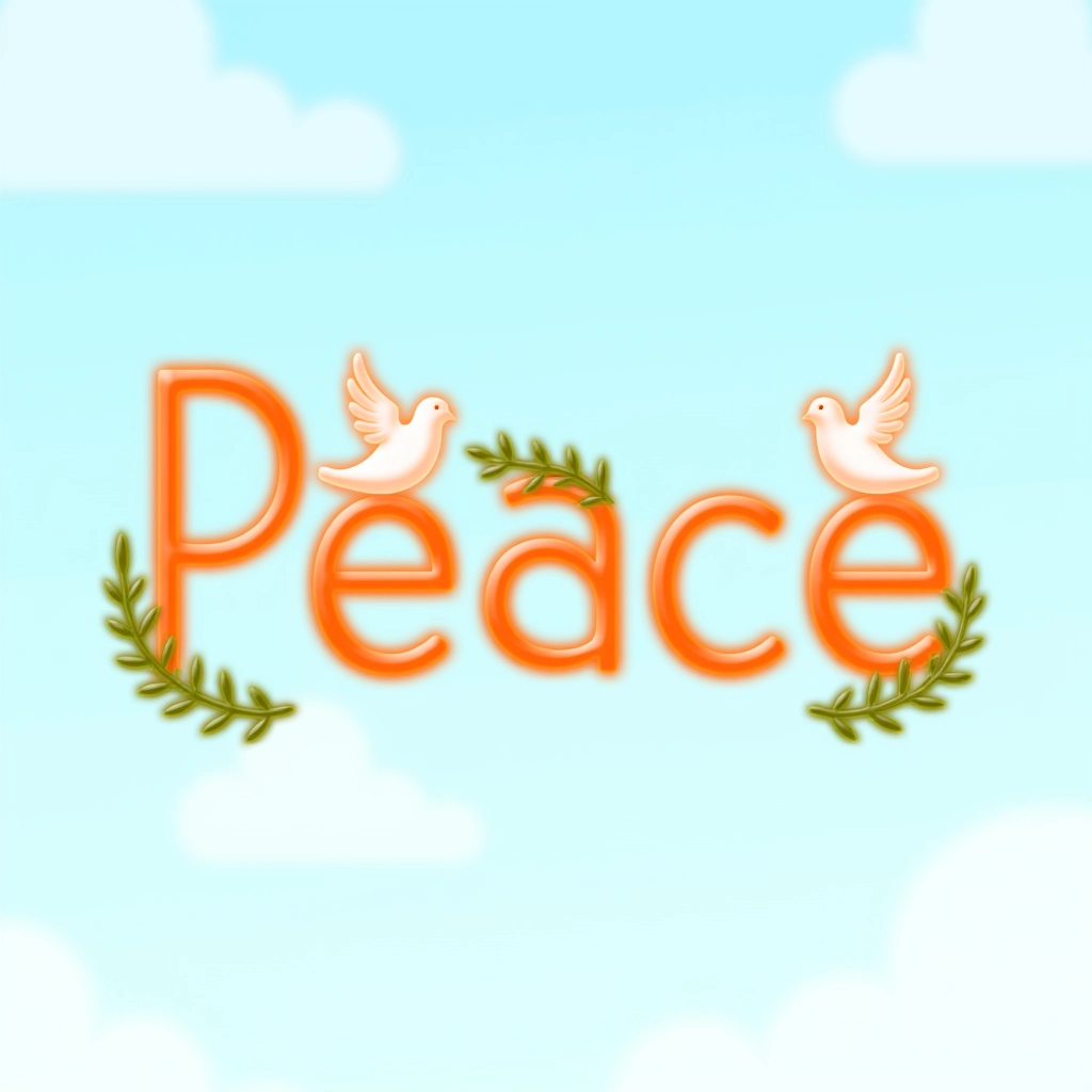 Juaner_font,
"Peace" + doves and olive branches decorating the words + a serene, light blue background with hints of white clouds