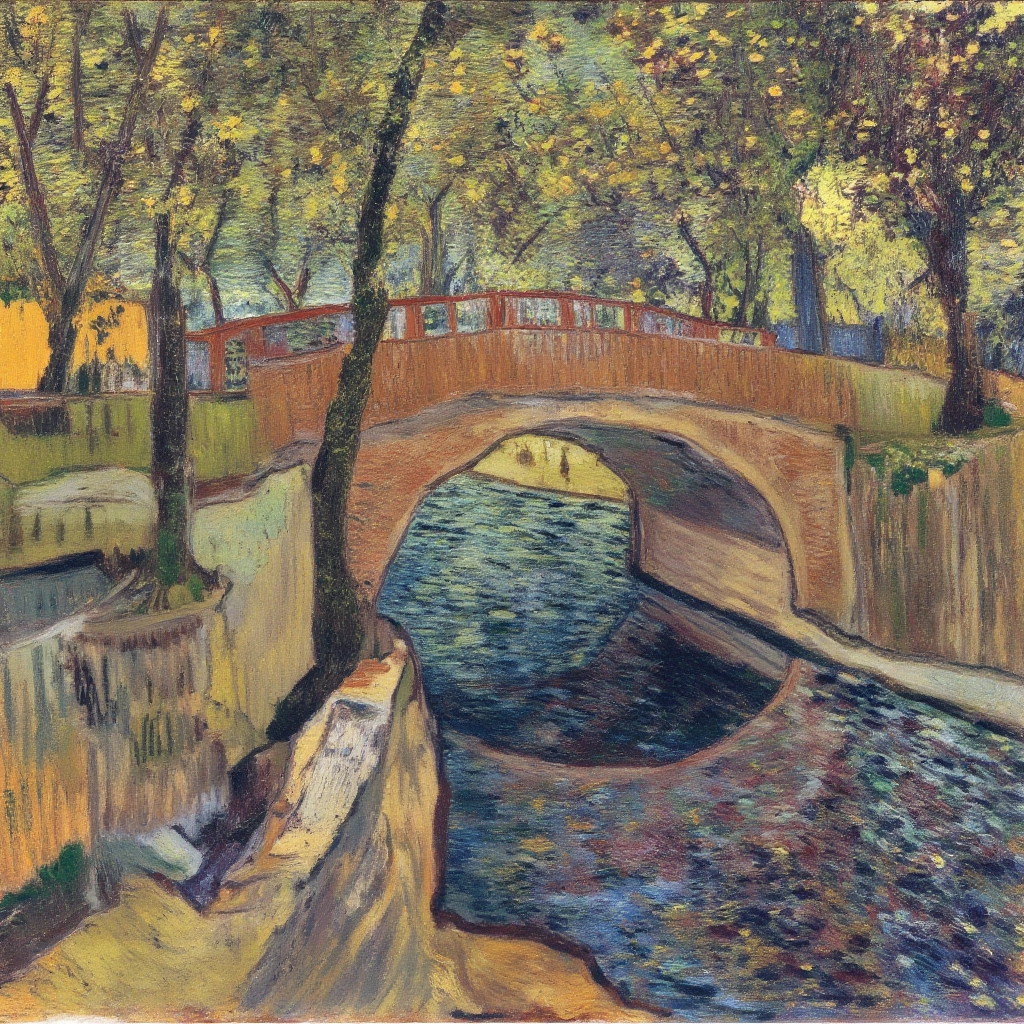 An oil painting by Vincent van Gogh, depicting a small bridge crossing a river. The bridge is painted with warm browns and oranges, while the water below reflects the sky in swirling blues and greens. Trees line the riverbank, their leaves painted in shades of yellow, green, and dark purple.