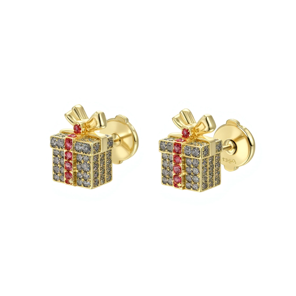 Earrings designed as Christmas gift boxes in 18k gold, each box covered in black diamonds with a red ruby bow. The gift boxes have a slight 3D effect for a hip-hop vibe. Plain white background with gentle light enhancing the diamond sparkle.