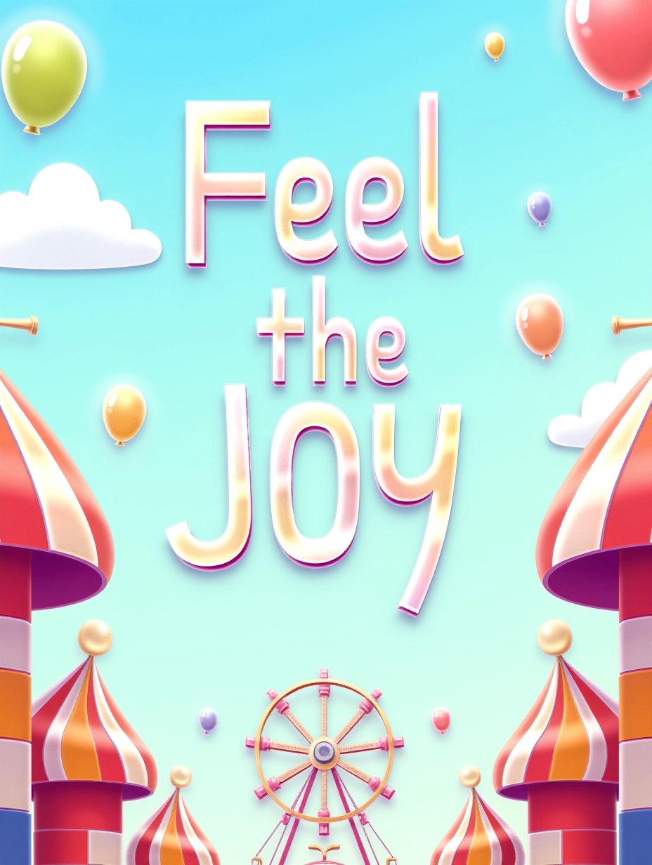 Juaner_font,
On a lively, carnival background, the text reads "Feel the Joy," with a Ferris wheel turning slowly in the distance, colorful balloons floating up into the sky.