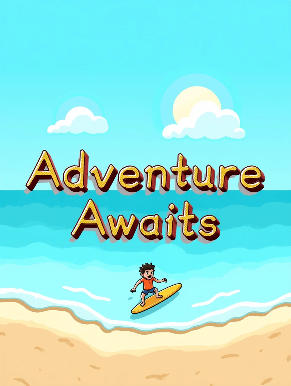 Juaner_font,

On a bright cartoon beach, there is a line of text “Adventure Awaits,” the image shows a character surfing on digital waves