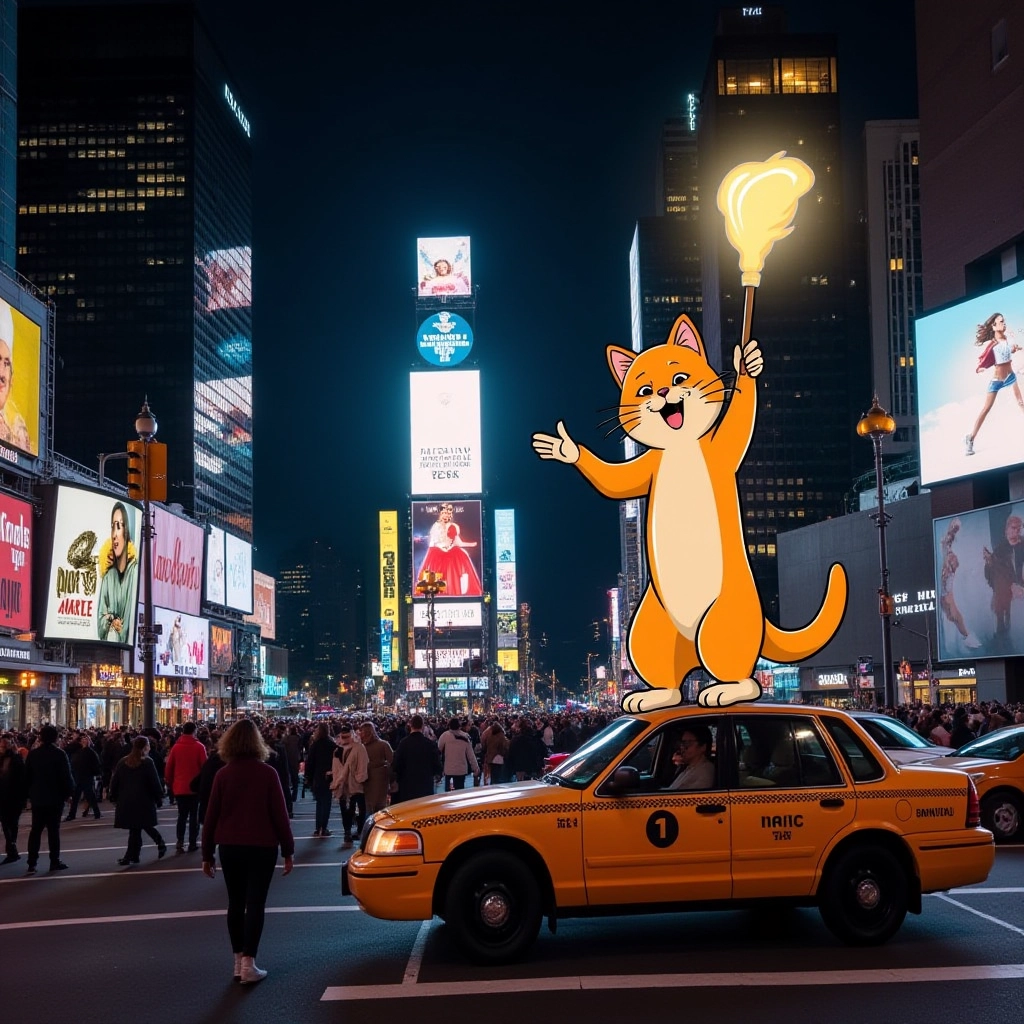 Juaner_mix,
Photo section: A crowded Times Square in New York City at night, with bright billboards lighting up the area and tourists everywhere.
Cartoon section: A mischievous cat balancing on top of a real taxi cab, holding a glowing billboard like a magic wand.