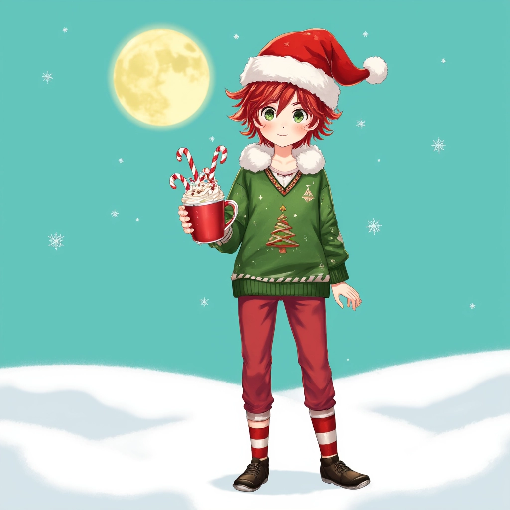 A cartoon character of a young boy with bright green eyes, freckles on his cheeks, and messy red hair wearing a fluffy red Santa hat with a white pompom. He is dressed in a cozy green sweater with a Christmas tree pattern, red pants, and striped socks. He holds a mug of hot chocolate topped with whipped cream and candy canes. The background shows a snowy winter wonderland with a softly glowing yellow moon and sparkling snowflakes.