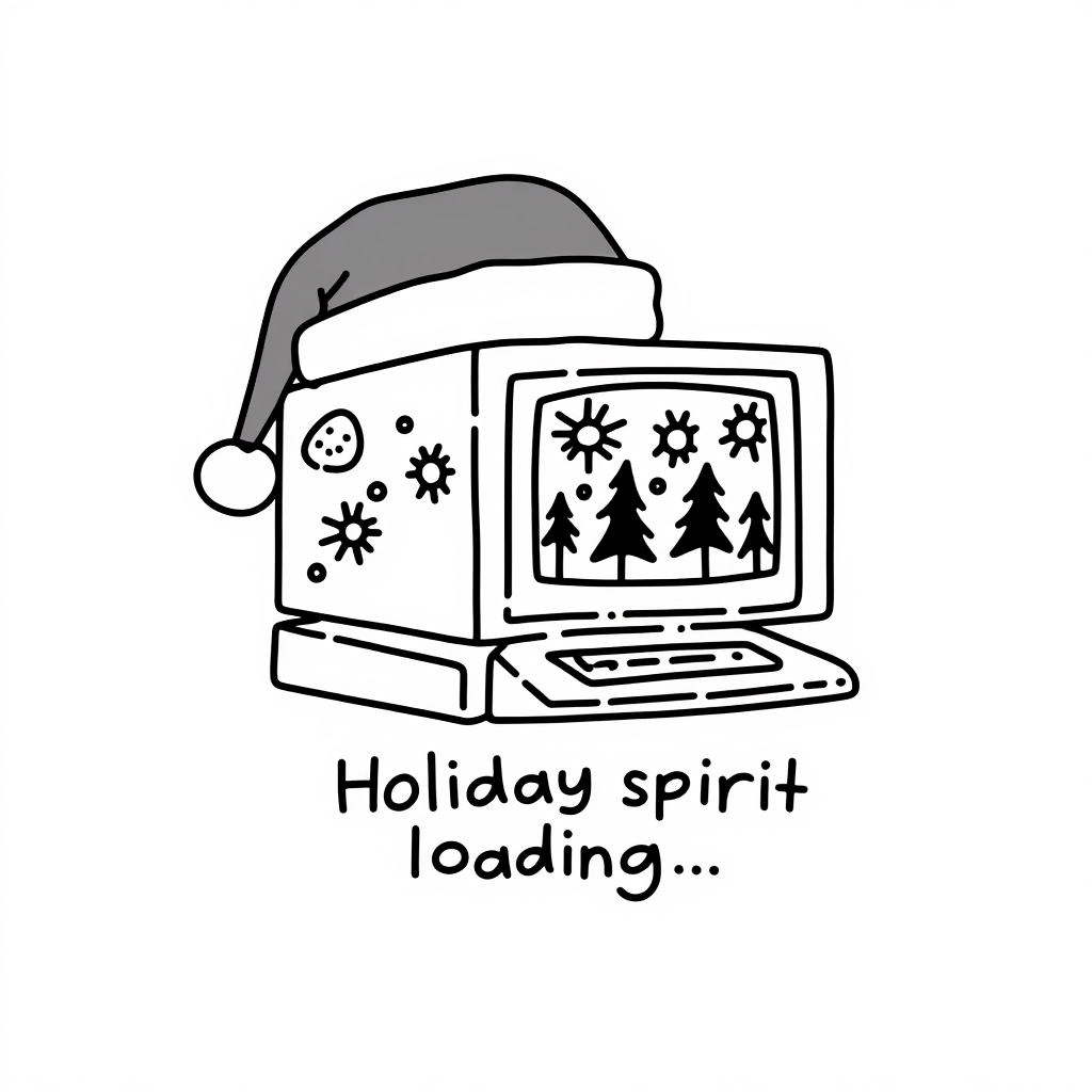 A doodle line drawing on a white background of a chunky desktop computer with a Santa hat on top, decorated with holiday stickers and snowflakes on the monitor. The screen shows pixelated Christmas trees, and text reads, “Holiday spirit loading…”

