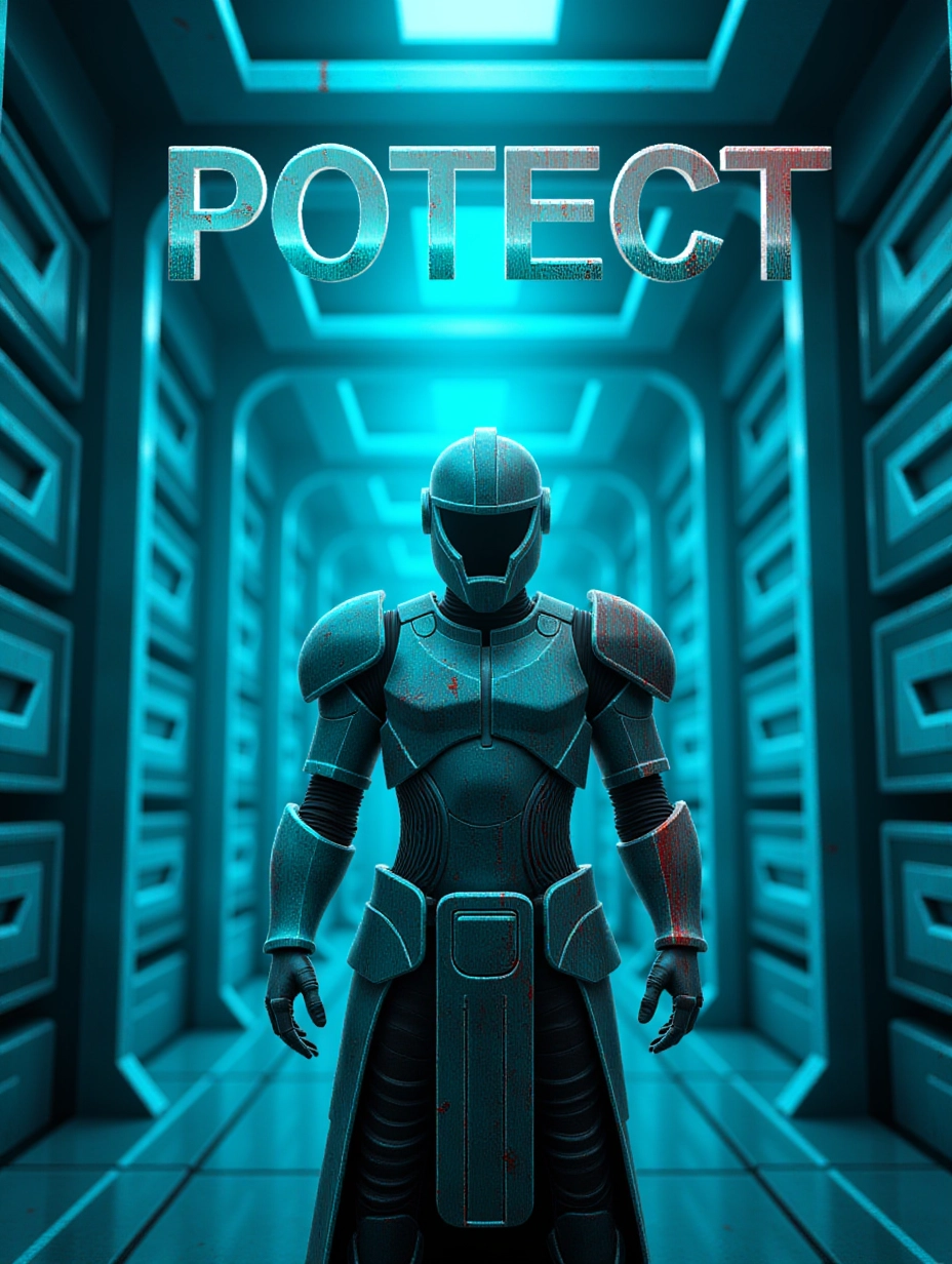 Juaner_font,
Cyber Guardian + Title: "Protect" in the middle, metallic font + Content: A futuristic knight in glowing armor, standing guard in front of a massive data vault + Background: Bright, metallic walls, cyan and silver colors, with laser beams crisscrossing