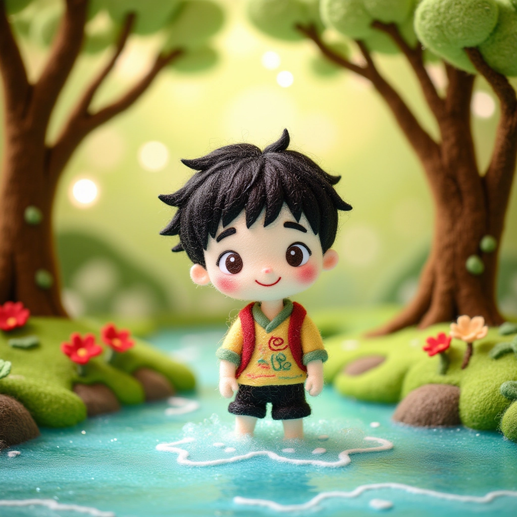 A mischievous young boy with tousled hair and a playful grin, splashing in a shallow creek, with towering oak trees and dappled sunlight filtering through their leaves.