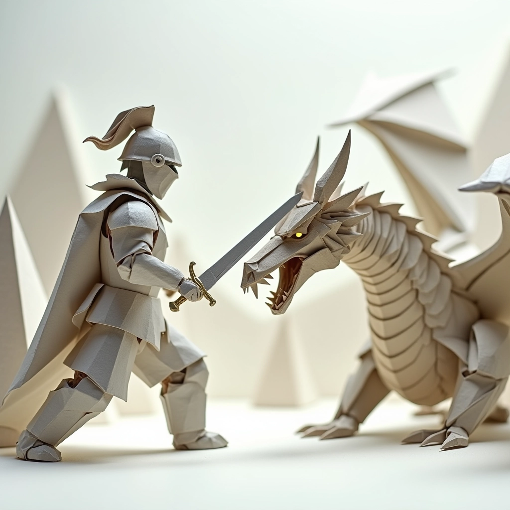 A brave knight made from folded paper, with intricate origami details for the armor, sword, and shield. The knight is engaged in battle with a fearsome dragon, also crafted from paper with detailed folds for the scales and wings. The dragon is depicted with sharp, angular paper shapes for the claws and mouth. The background features a simple origami landscape with paper trees and mountains. All elements are crafted in a clean, geometric origami paper style, emphasizing the battle scene.