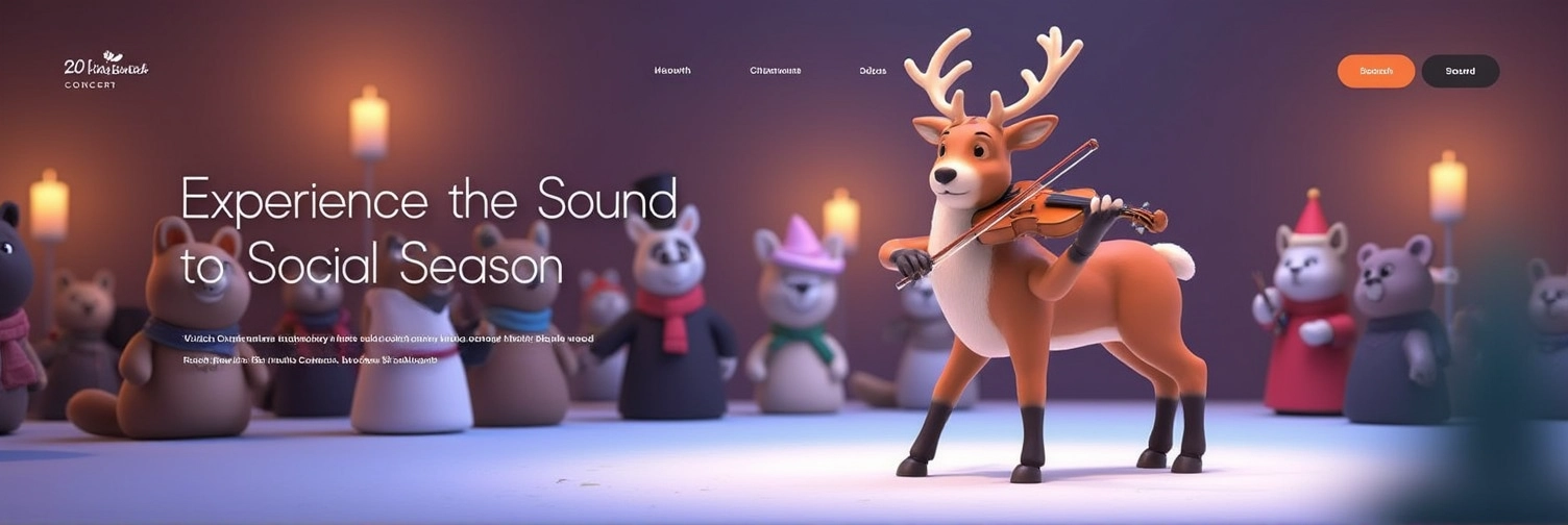 Web design for a Christmas concert: A 3D cartoon reindeer plays a frosted glass violin on a snowy stage. The background shows a crowd of animated animals with glowing candles. The text says “Experience the Sound of the Season.” The style is elegant and musical.