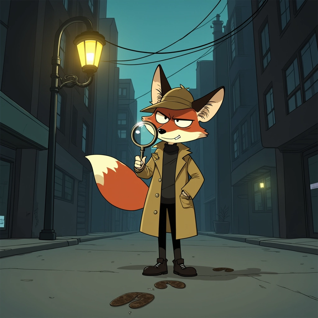 Juaner_cartoon,A sly fox dressed as a detective, wearing a trench coat and hat, holding a magnifying glass up to a trail of buzz footprints, standing in a foggy city street, under a flickering streetlight, determined to solve the case.

