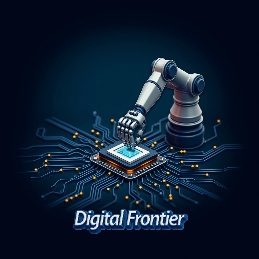 Juaner_font,

On a backdrop of intricate circuits and glowing code, the words "Digital Frontier" appear, while a robotic arm assembles a futuristic device.