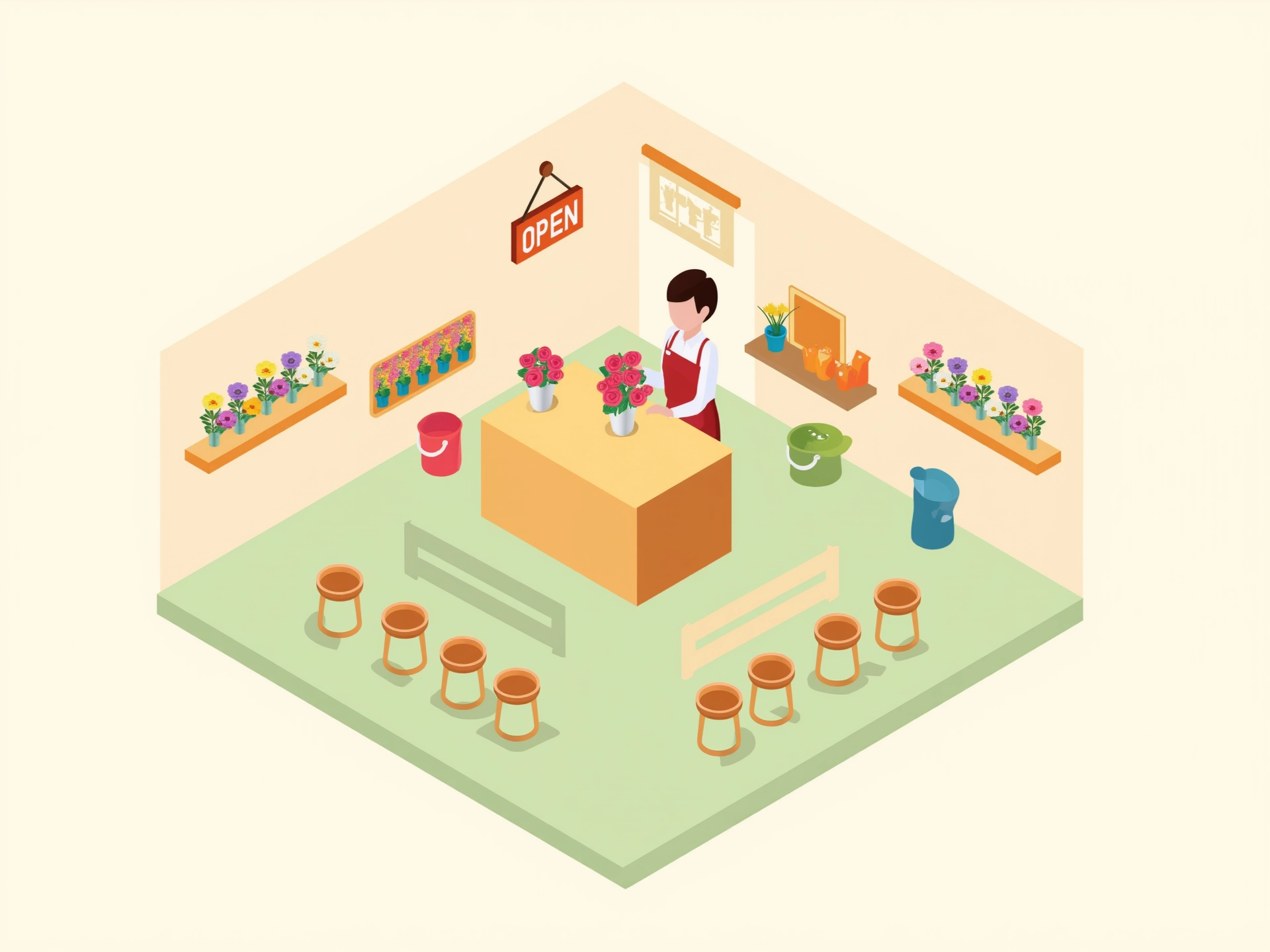 Isometric style illustration of a flower shop. A florist in a red apron arranges roses in a vase on a wooden counter. Buckets of colorful flowers line the walls, and a hanging sign reads "Open." The shop’s floor is pale green, and the background is light beige.