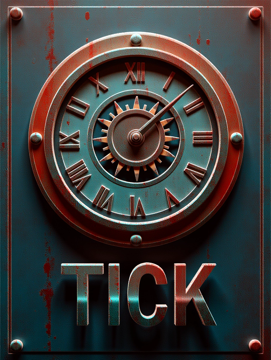 Juaner_font,
Gears of Time + Title: "Tick" in bottom-right corner, metallic font + Content: A steampunk clock with exposed gears, a small character adjusting the hands + Background: A metallic background with bronze and silver hues, red and blue neon highlights
