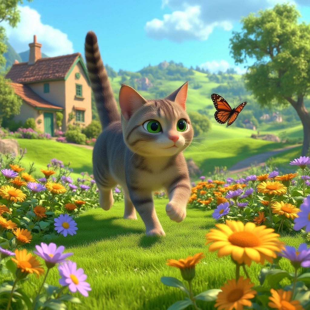 A curious tabby cat with bright green eyes, chasing a butterfly through a field of wildflowers, with a quaint countryside cottage and rolling hills in the background.