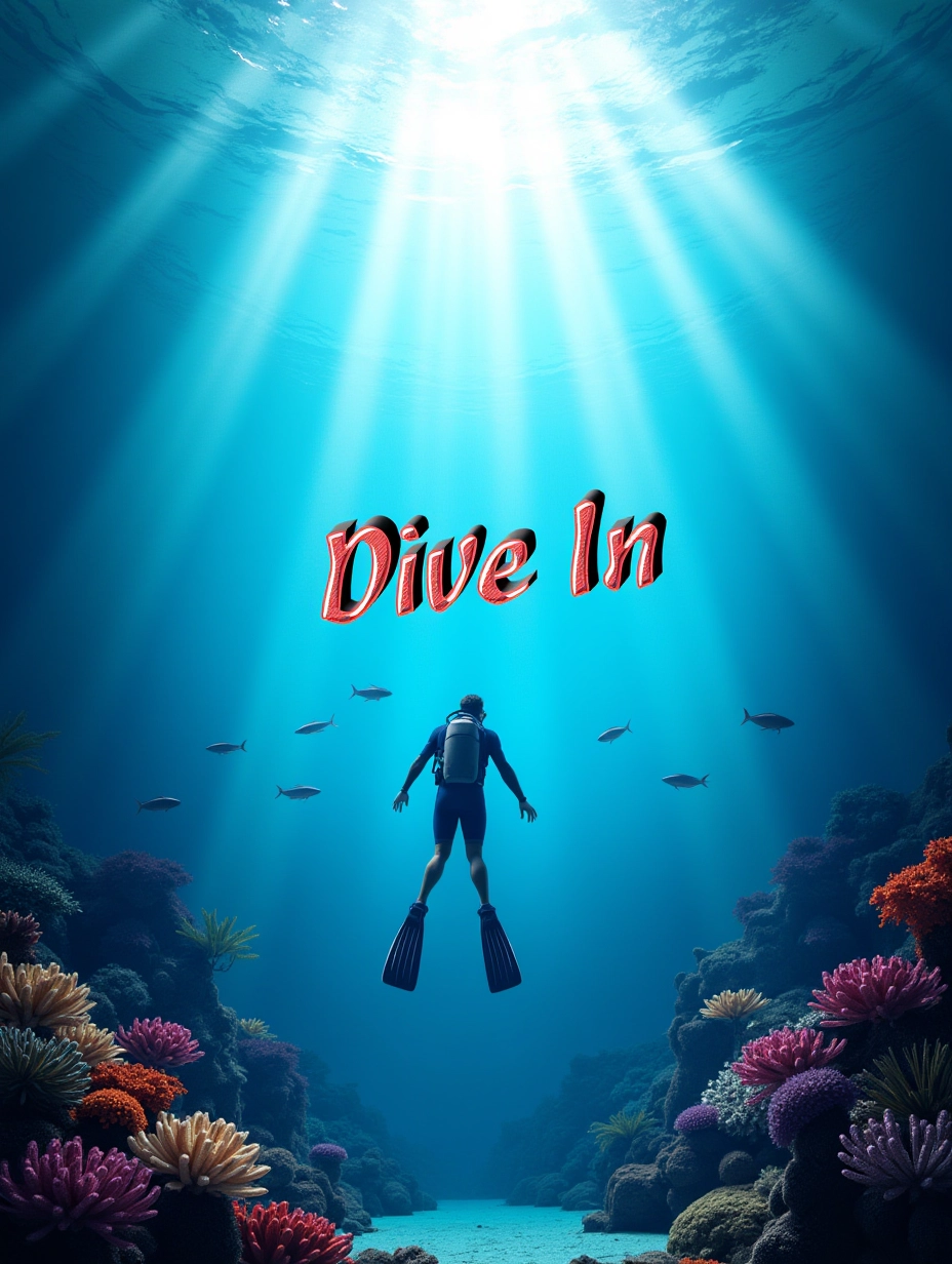 Juaner_font,

Against a serene underwater scene with colorful coral reefs, the text reads “Dive In”, and the screen shows a diver swimming with a school of fish while rays of sunlight filter through the water