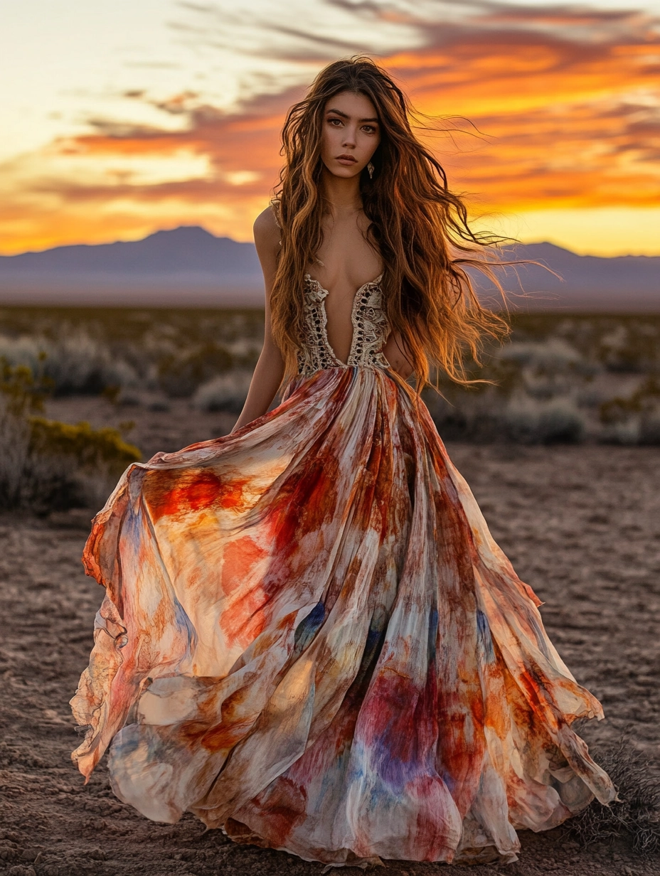 A photo of a young Argentinian woman with long, wavy hair, dressed in a flowing dress inspired by the colors of the sunset. She stands in the midst of a vast desert landscape, with vibrant orange and pink skies behind her and distant mountains. The image is captured in warm, radiant light, emphasizing the beauty of both the woman and her dramatic surroundings.