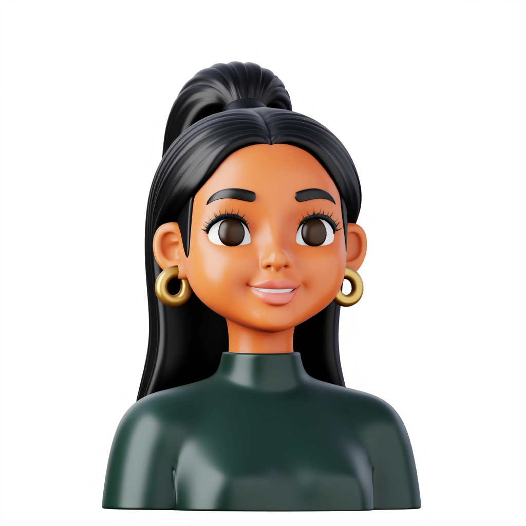 j_icon, A 3D rendered icon on a white background featuring a young woman with medium skin tone, long straight hair in a high ponytail, and a golden hoop earring. She wears a dark green turtleneck sweater. Her expression is happy and confident. The materials are glossy, with a soft plastic texture. The icon is rendered from a front angle.