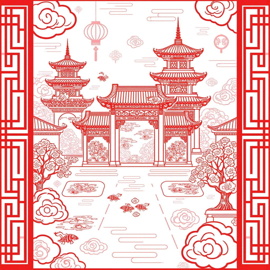 A papercut of a serene temple courtyard, with intricate paper carvings depicting pagodas, bonsai trees, and koi ponds, framed by traditional Chinese architecture elements.