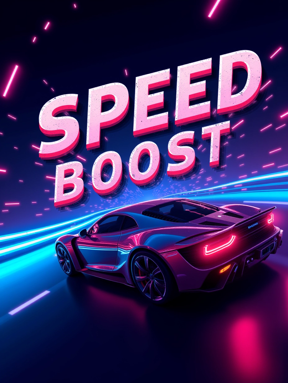 Juaner_font,

In a futuristic racing track background, the text says “Speed Boost”, and a high-tech car is racing through a tunnel of neon lights