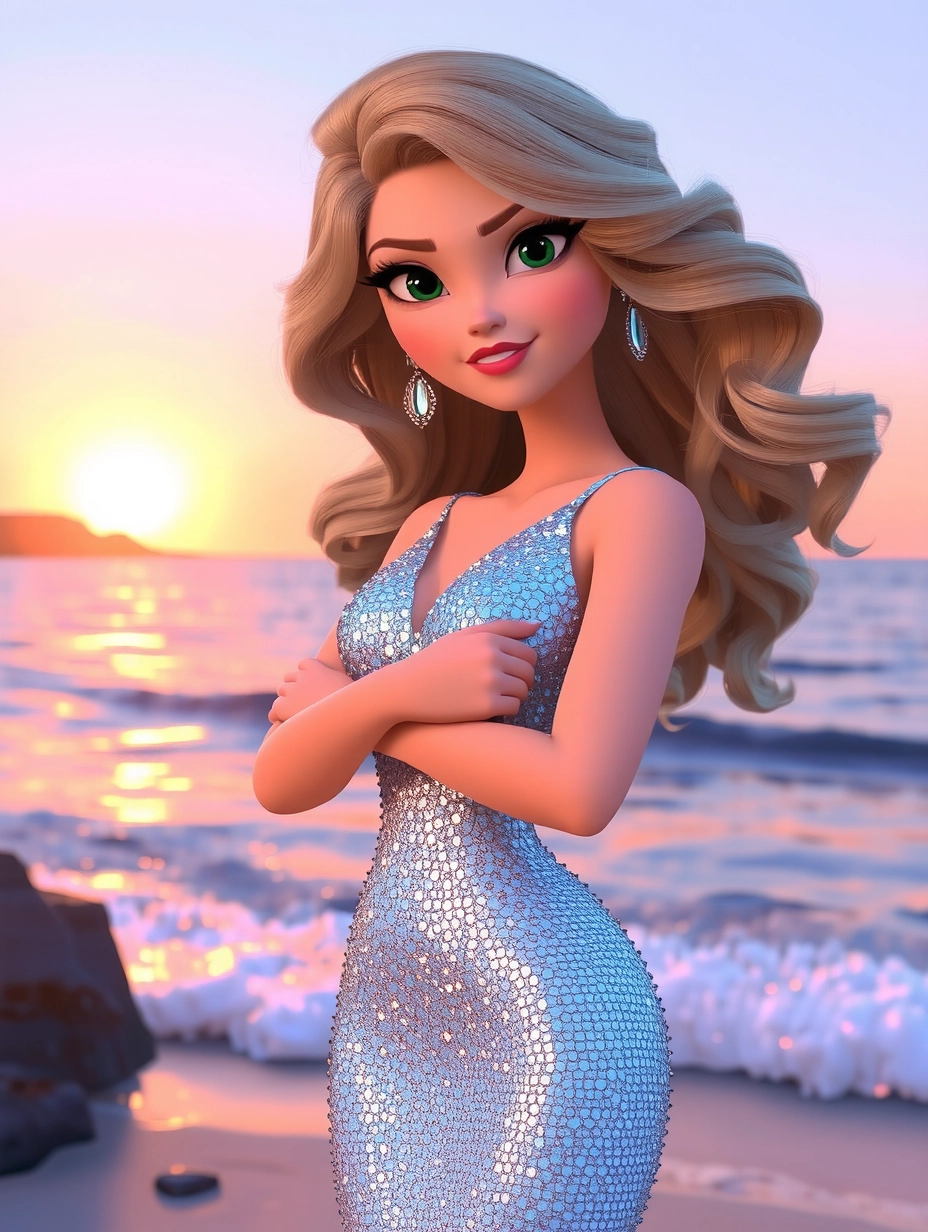 A 3D Pixar-style blonde woman with long, wavy hair, wearing a sparkling diamond dress, standing by the beach, the warm glow of the sunset reflecting off the water.