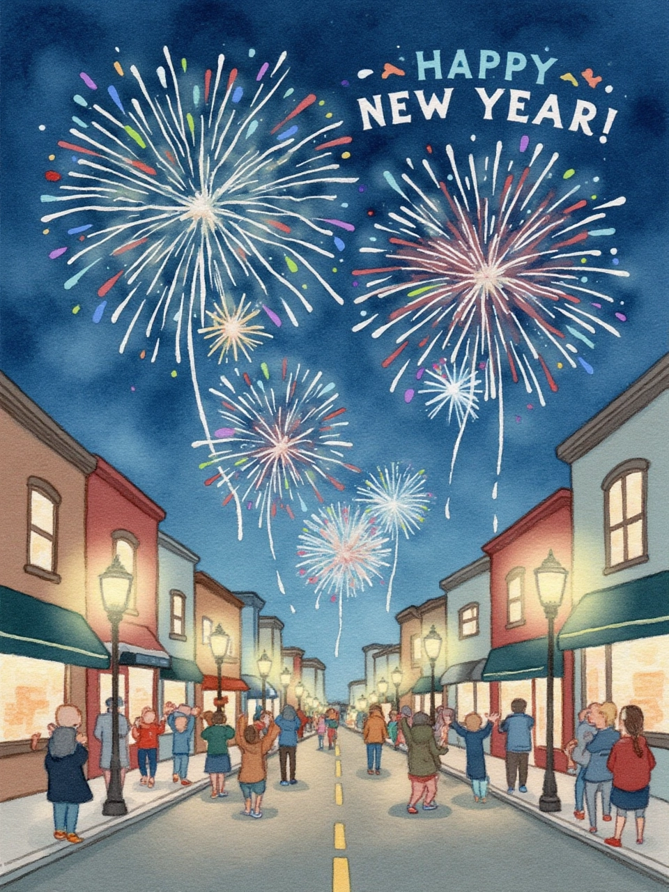 A watercolor painting of a street filled with fireworks lighting up the night sky on New Year's Eve. People are gathered in small groups, watching the display and cheering. The sky is filled with bursts of color, and the words “Happy New Year 2025!” are written in festive, bold lettering.