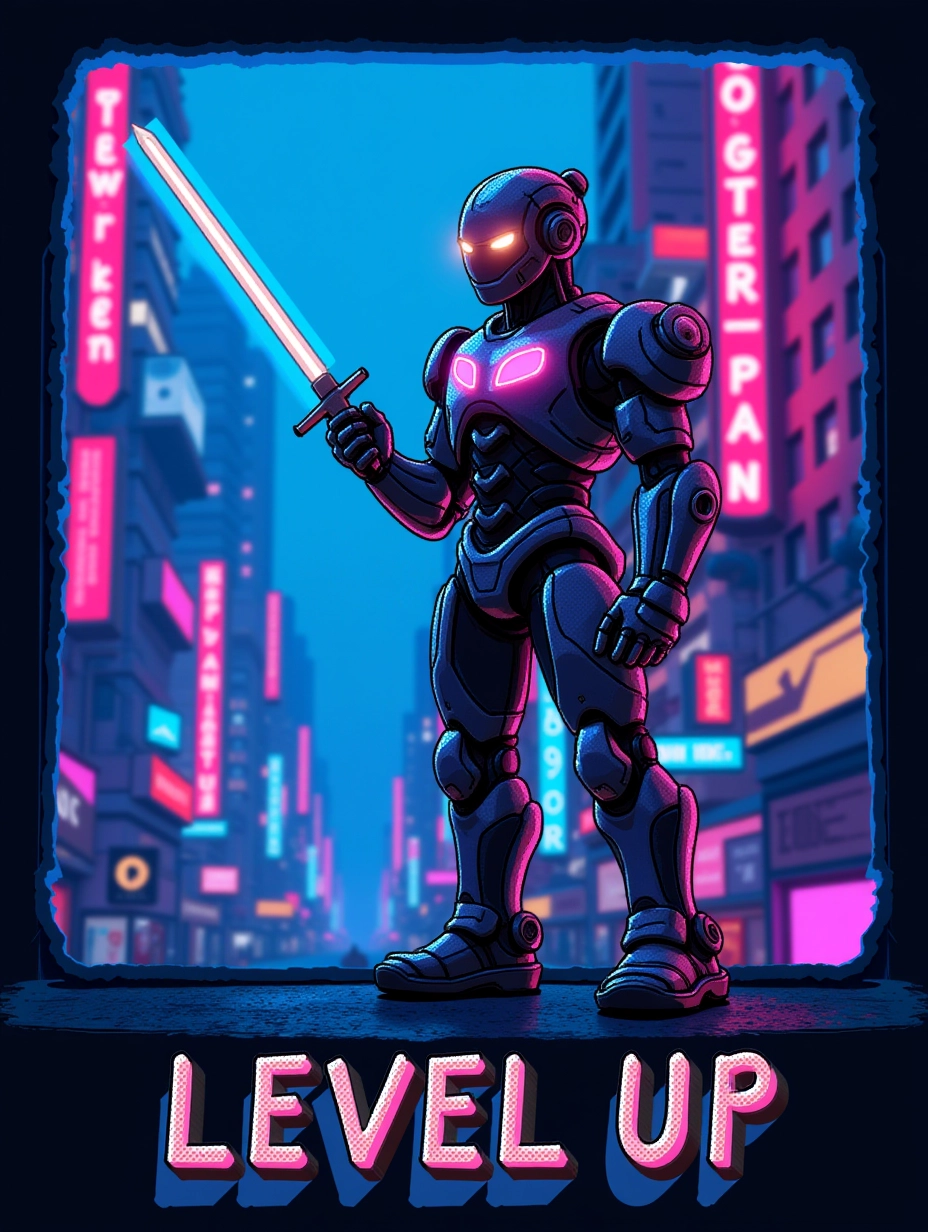 Juaner_font,

In a neon-lit cyberpunk city background, there is a line of text “Level Up”, and the screen shows a robot holding a glowing sword