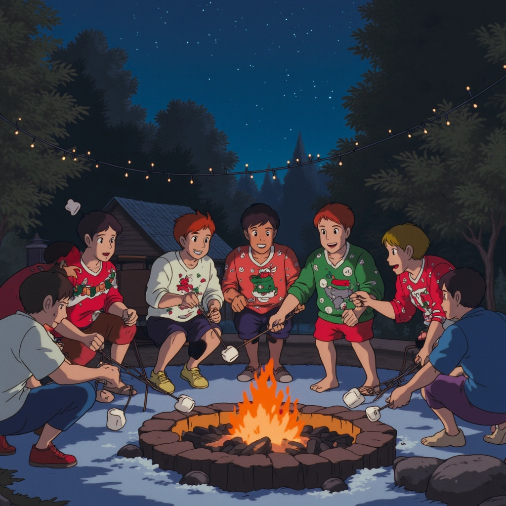 A group of friends, wearing matching holiday sweaters, gather around a fire pit outside, roasting marshmallows. The night sky is filled with stars, and the trees around them are decorated with strings of lights, creating a magical and festive December night.