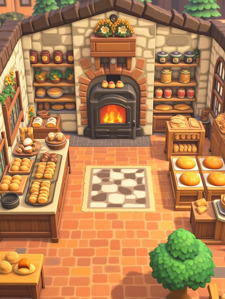 Juaner_game,A quaint village bakery with a rustic wood-fired oven, display cases brimming with freshly baked treats, and the inviting aroma of warm bread wafting through the air.