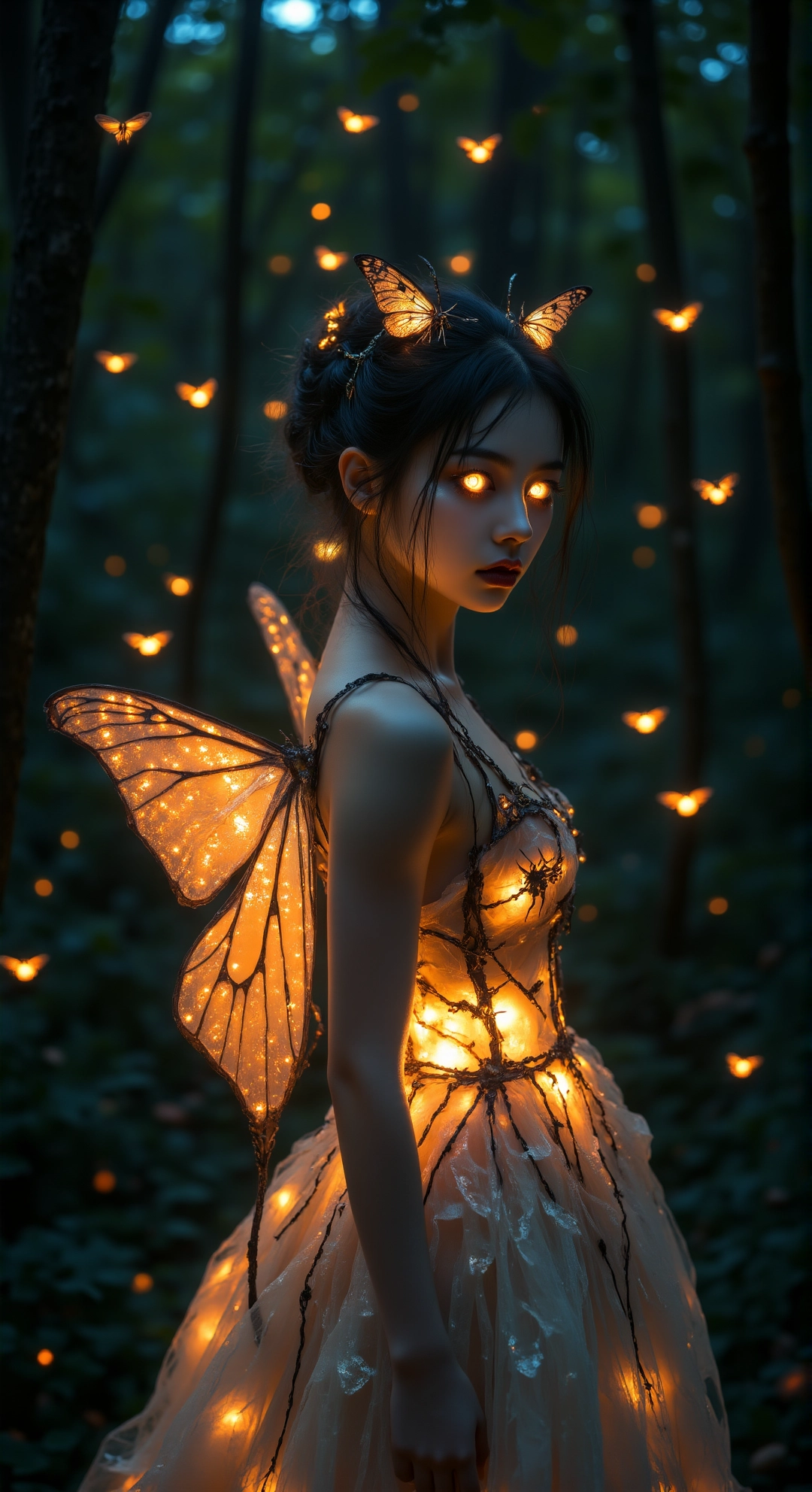 A photo of a young woman dressed as an ethereal moth-queen, with wings glowing softly and eyes that reflect moonlight. She stands in a dimly lit forest clearing, surrounded by floating, glowing moths. Shot with a 70-200mm lens, the ambient lighting creates a haunting, magical glow around her.