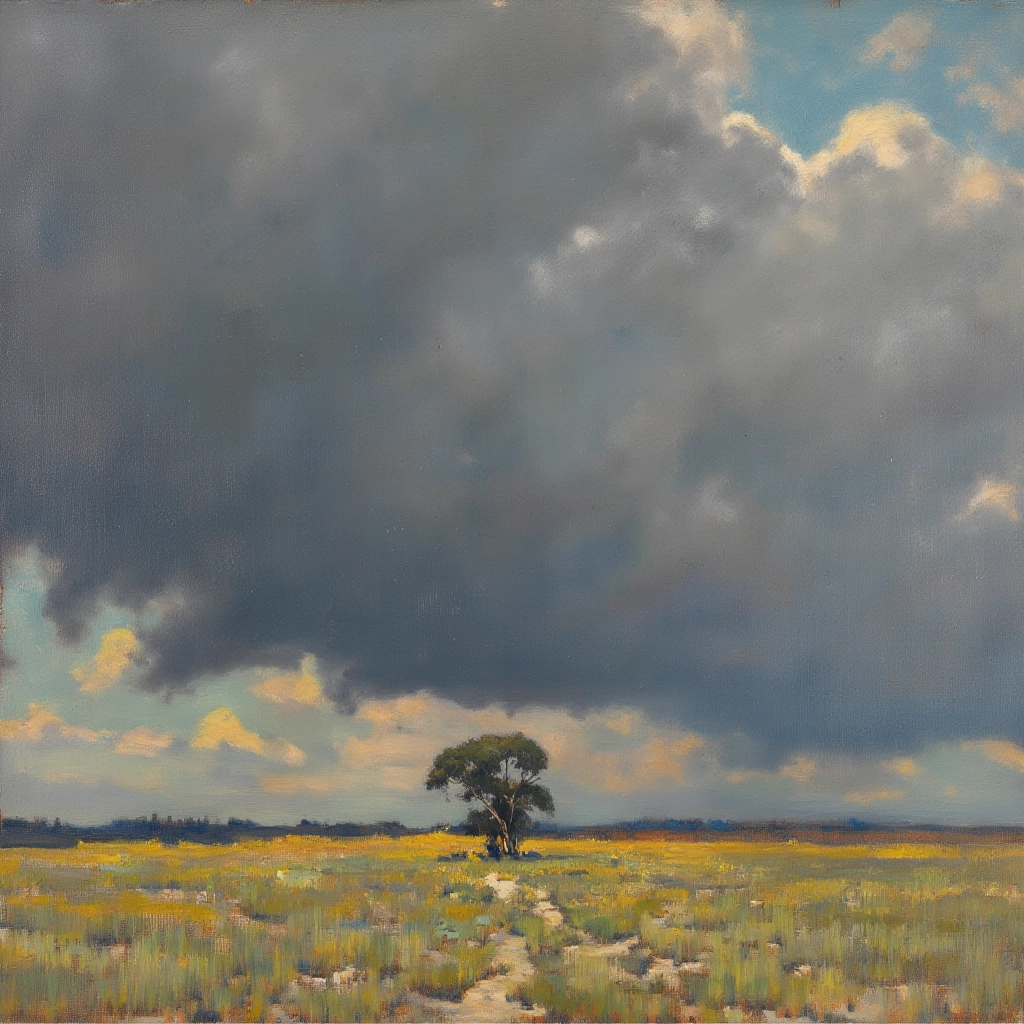 An oil painting by Alson Skinner Clark, a vast, open field under a cloudy sky. The clouds are dark and dramatic, with patches of sunlight breaking through to light up the yellow-green grass. A single tree stands on the horizon, its branches swaying slightly in the breeze.