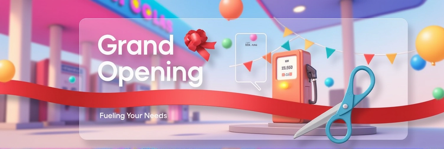 Web design for a gas station grand opening: A 3D cartoon ribbon is cut by a frosted glass pair of scissors in front of a glowing pump. The background features a lively station with animated balloons and banners. The text reads “Grand Opening – Fueling Your Needs!” The style is celebratory and vibrant.