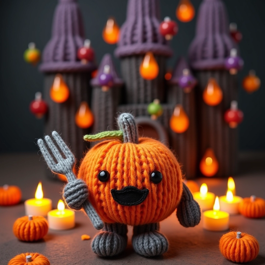 A Halloween poster in yarn knitted toy style, featuring a cute pumpkin character made of orange yarn, holding a small fork made from gray knitted yarn. Candy is raining down from the sky, with each piece of candy crafted from colorful yarn in various shapes. In the background, there is a large yarn-knitted castle with soft, detailed stitch patterns. Candles with glowing knitted flames light up the scene, all made from soft yarn material, creating a cozy and playful Halloween setting.