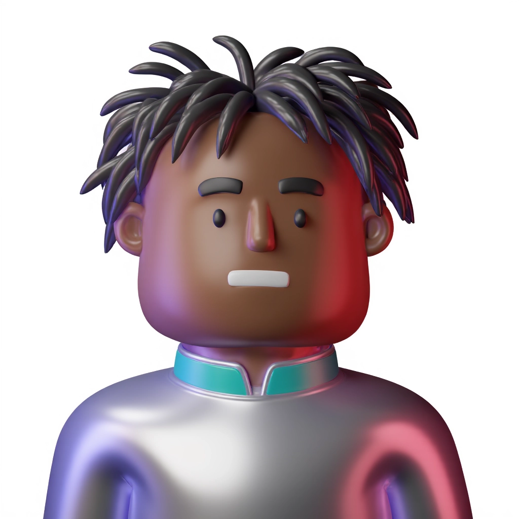 A 3D rendered character on a white background: a young man with dark brown skin, purple and black dreadlocks, and a serious gaze. He’s wearing a high-collared metallic silver jacket with teal accents. The colors are cool and edgy, with a glossy finish that adds a futuristic feel.