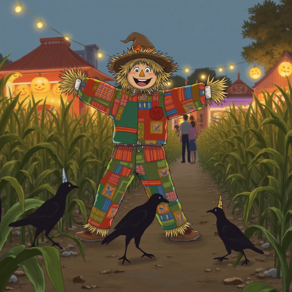 A happy scarecrow, with a straw hat and colorful patchwork clothes, dances in a cornfield during Halloween. Surrounding him are playful crows wearing tiny hats, while the background showcases a harvest festival with glowing lanterns and families enjoying the festive atmosphere.