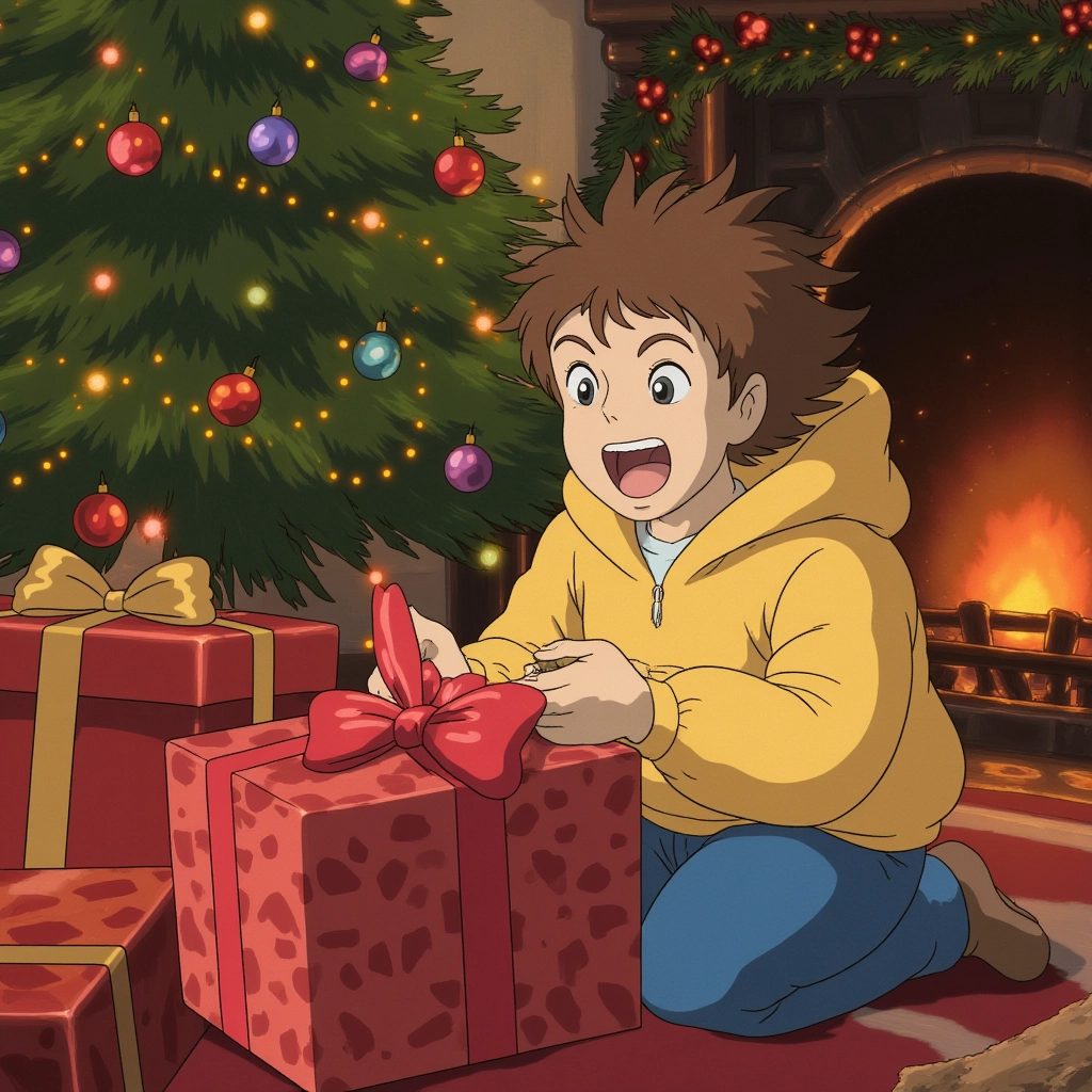 A boy with tousled hair, wearing a bright yellow jacket, excitedly unwraps a present under the Christmas tree. The room is filled with holiday decorations, and a cozy fire crackles in the fireplace. The light from the tree reflects in his wide eyes as he reveals a new toy, creating a moment of pure joy.