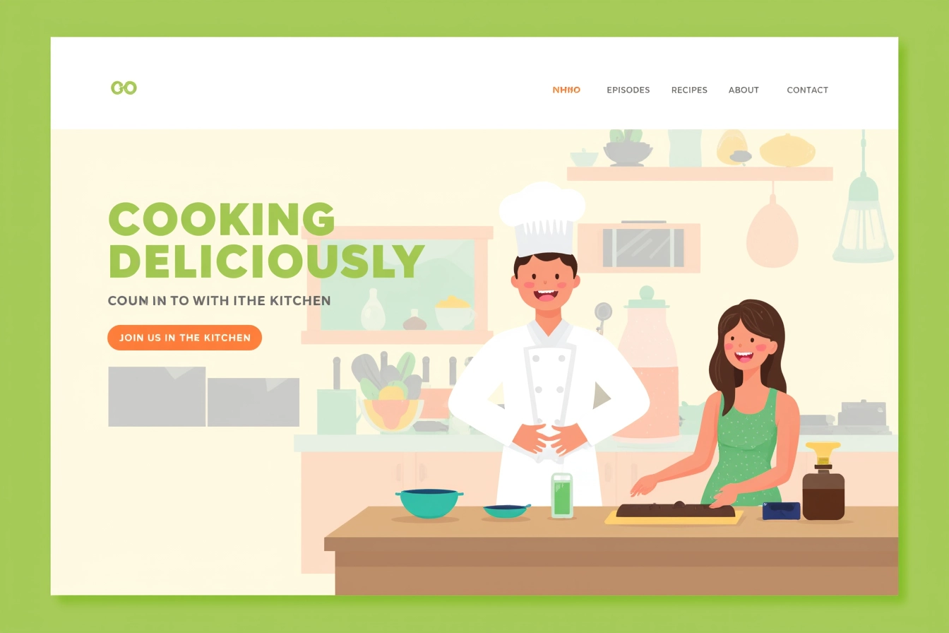 Web design, a minimalist flat web illustration style for a cooking show website. The main subjects are a male chef in a white coat demonstrating a recipe and a female co-host taking notes. The chef has a cheerful expression, and the background features a colorful kitchen with ingredients and cooking utensils. The header includes links: “Episodes,” “Recipes,” “About,” and “Contact.” The title reads "COOKING DELICIOUSLY" in bold green text, with "JOIN US IN THE KITCHEN" in a smaller orange font. This design is perfect for culinary websites.

