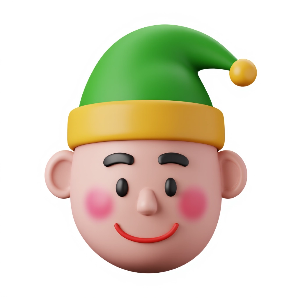 A 3D rendered icon on a white background showing a cheerful elf face with rosy cheeks, wearing a green hat with a yellow bell and a big smile. The elf’s skin is a warm pink tone, and the hat has a velvety texture. Colors are green, yellow, and pink. The icon is shown from a front angle.