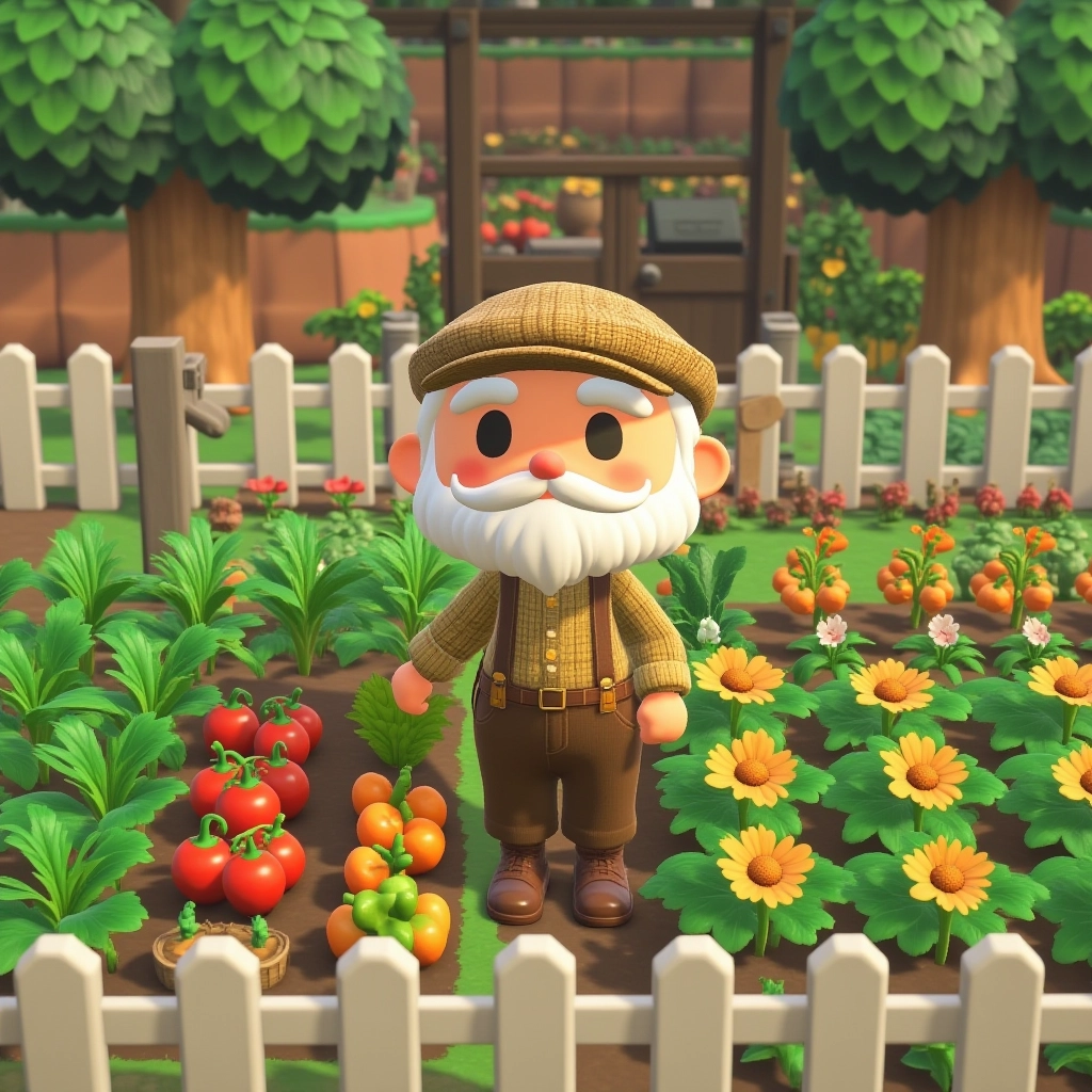 An elderly gentleman with a kind face and a tweed cap, tending to his vegetable garden, surrounded by neatly organized rows of plants and a white picket fence.