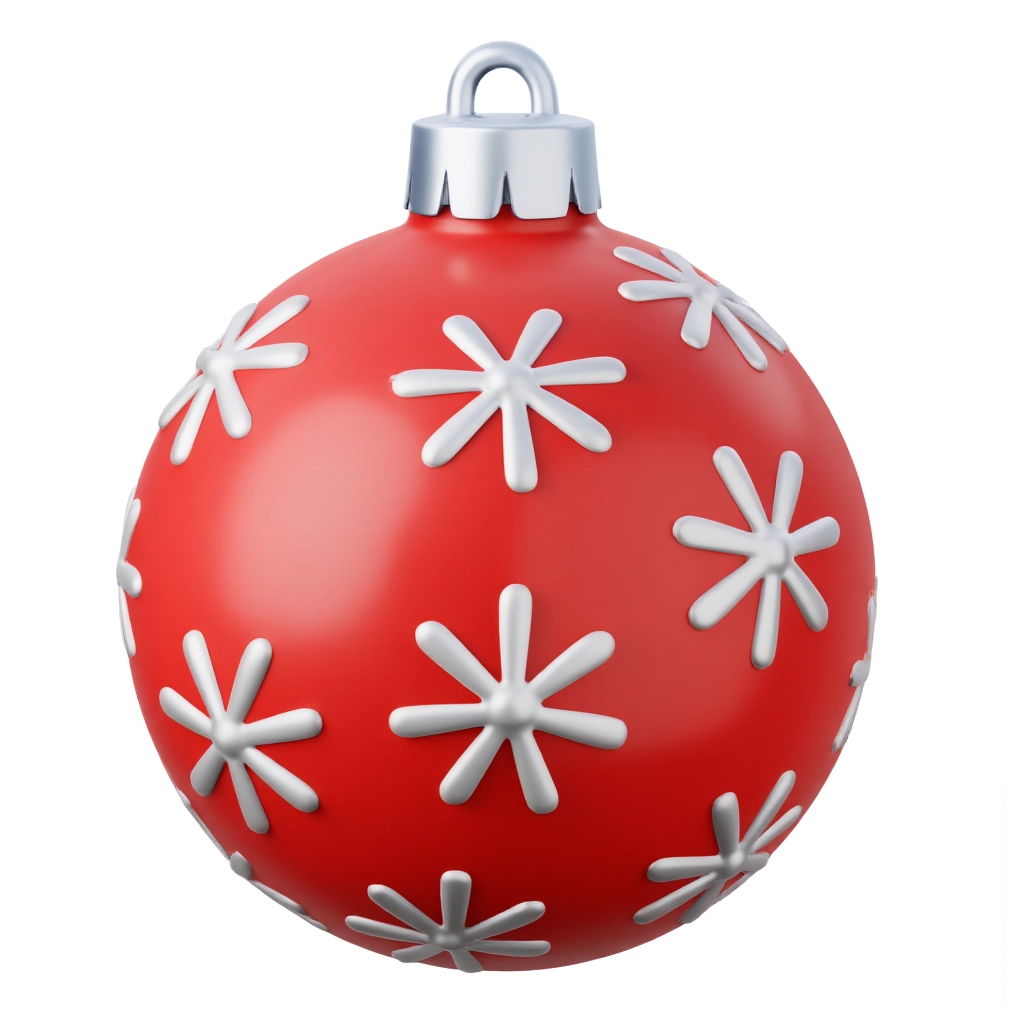 A 3D rendered icon on a white background featuring a red Christmas bauble with white snowflake patterns and a small silver cap. The ornament is glossy with a slight metallic shine. Colors are red, white, and silver. The icon is rendered from a front angle.