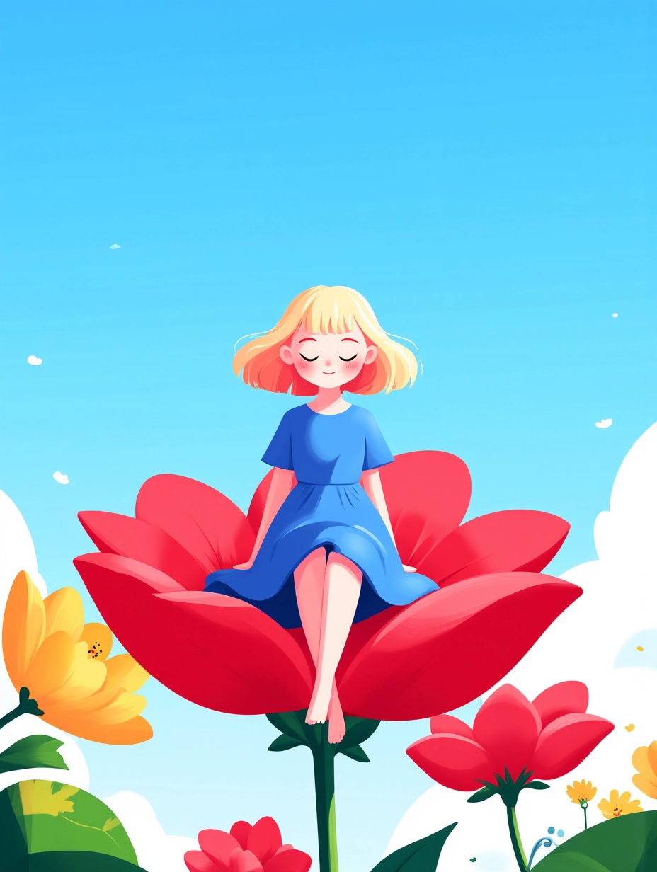 Juaner_illustration,A girl with blonde hair, wearing a blue dress, sits on a huge red flower against a blue sky and white clouds.