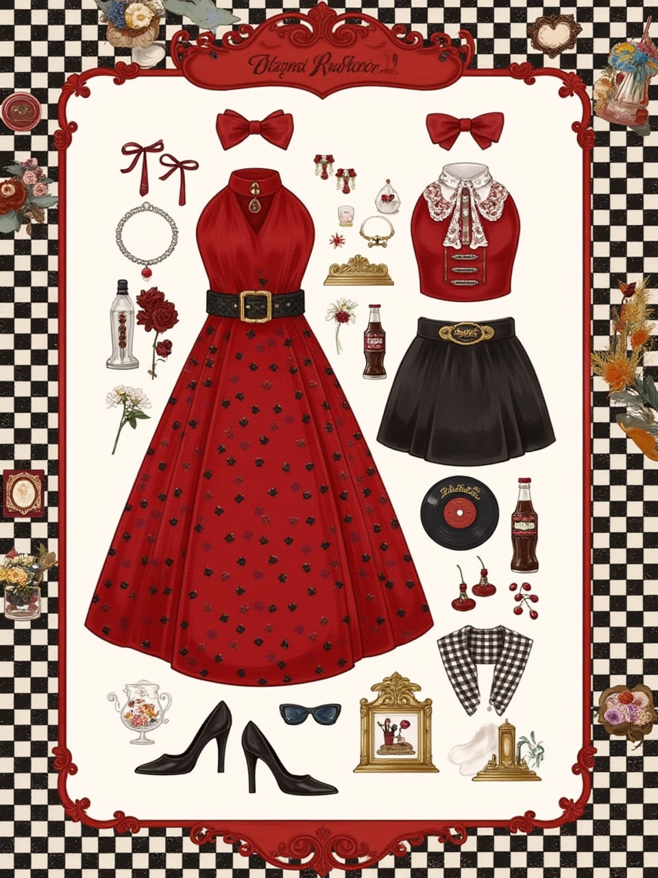 A rockabilly-inspired look with a red halter dress featuring a full circle skirt and black polka dots. The dress is paired with a black petticoat, a wide black belt, and black peep-toe heels. Accessories include a red bow headband, cat-eye sunglasses, and a cherry necklace. A vinyl record, a vintage soda bottle, and a checkered scarf complete the scene. The background is a black-and-white checkered pattern with a red border and retro diner-inspired motifs.