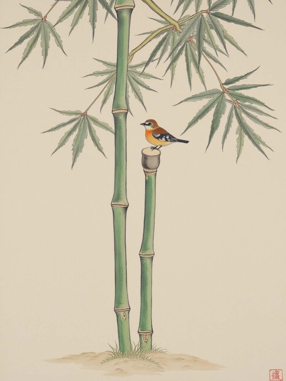 A Chinese fine brushwork painting of a bird perched on a bamboo stalk, surrounded by soft leaves. The bird is small but vibrant, with colorful feathers. The bamboo stands tall, with light filtering through the leaves, casting shadows on the ground below. The scene is peaceful and natural.