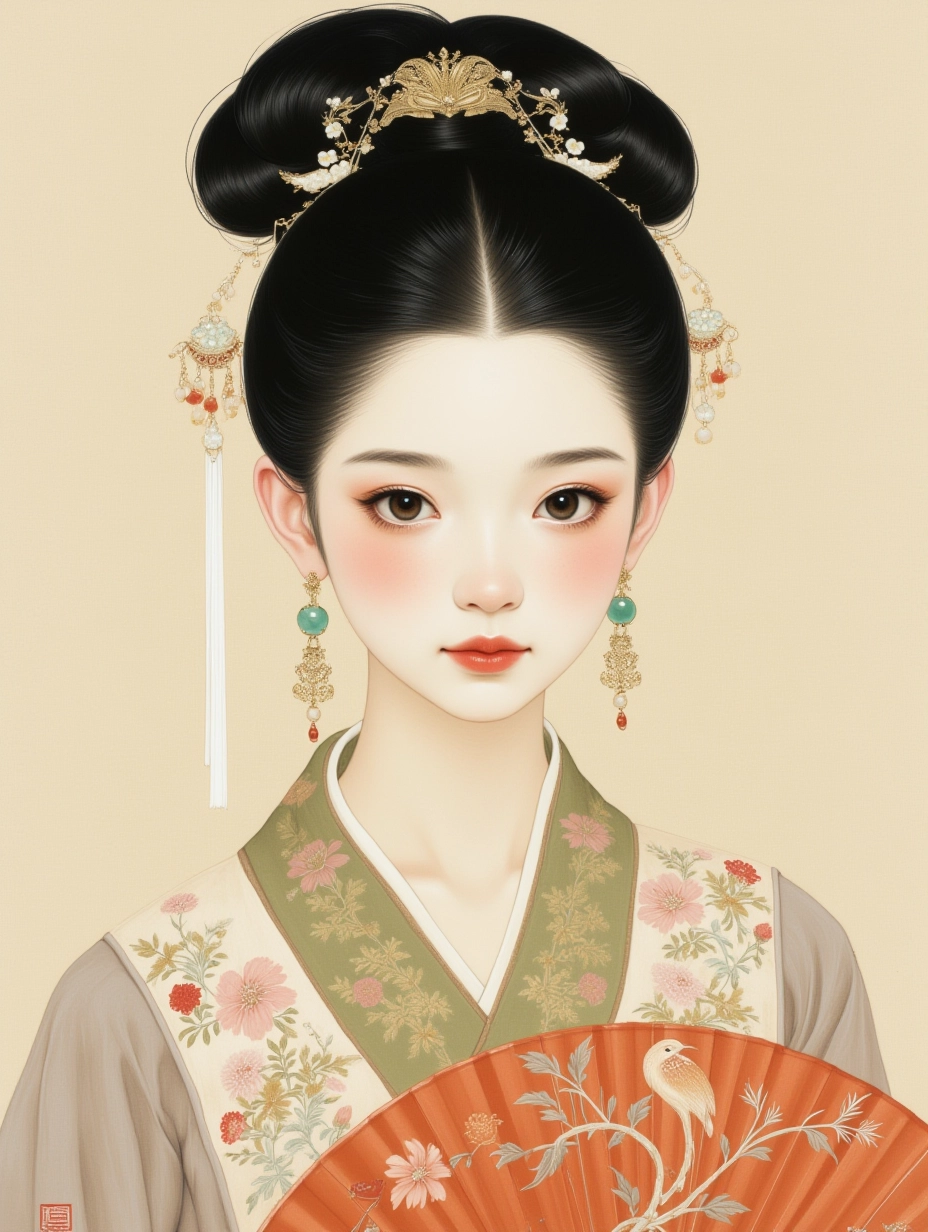 gongbihua,

A girl with silky black hair styled in a high chignon, phoenix eyes, wearing a Ming dynasty cross-collar top with intricate floral designs, a jade necklace, and a small silk fan in her hand, with delicate hairpins of gold and jade.