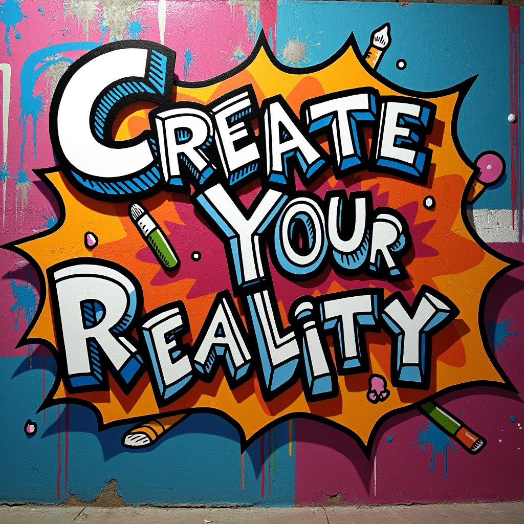 Against a colorful graffiti wall, the text “Create Your Reality” bursts forth, surrounded by paint splatters and brushes.