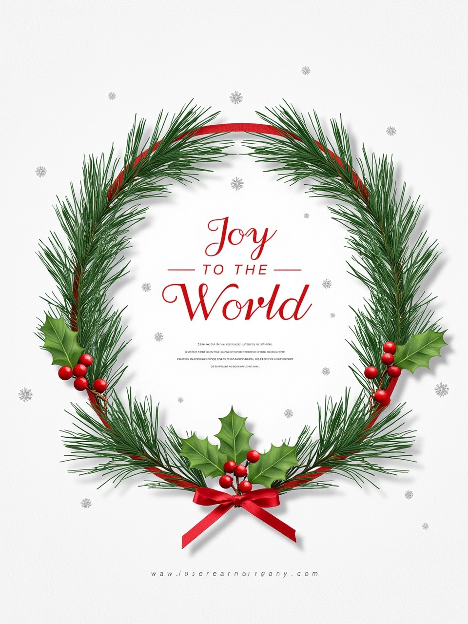 A poster of a beautiful wreath made of pine branches, holly, and red ribbons, with a soft snow-covered background. The text "Joy to the World" is written in bold, white script at the top, with small sparkling stars around it.