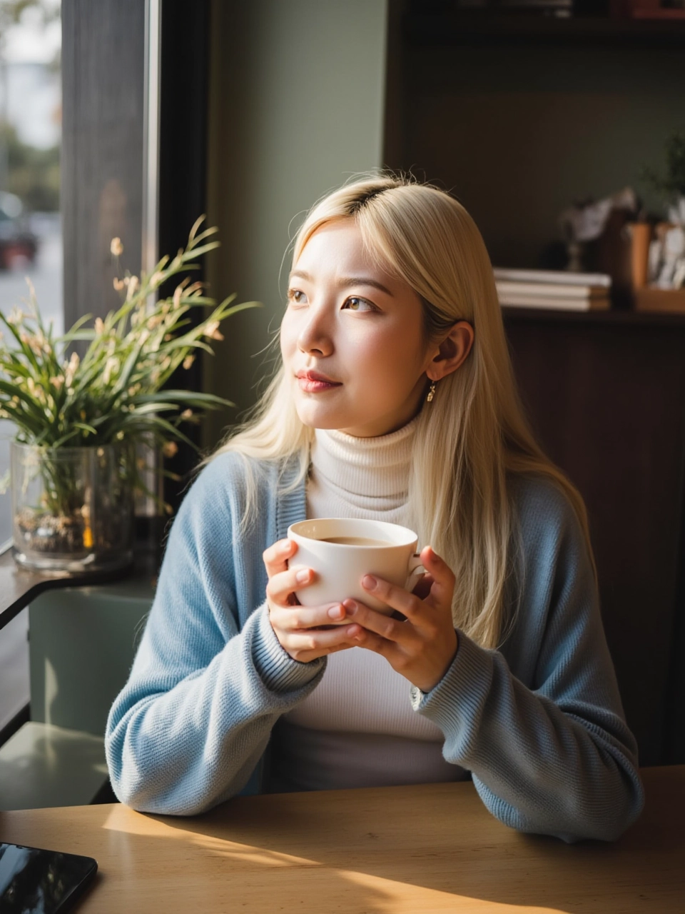 A young woman sits at a wooden table in a cozy café. She has long, straight blonde hair tucked behind her ears and wears a soft blue cardigan over a white turtleneck. She appears to be in her early twenties, with light skin, soft features, and rosy cheeks. Her makeup is light, with a focus on her bright blue eyes.
She holds a steaming cup of coffee with both hands, her eyes gazing thoughtfully out of the window. The late afternoon light streams through the glass, creating golden highlights in her hair. The café is decorated with plants and books, adding a warm, inviting atmosphere. The photo is taken from a slight side angle, capturing her serene expression. The tones are warm and inviting, with a hint of nostalgia.