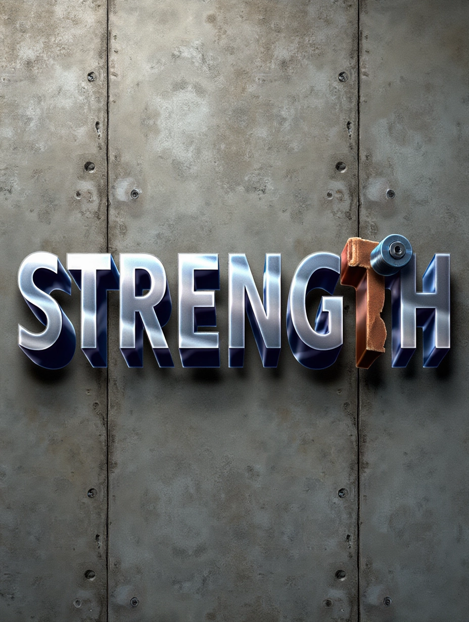 Juaner_font,Brushed steel letters forming "STRENGTH" with barbells and weight plates accenting them, against a gritty concrete backdrop.