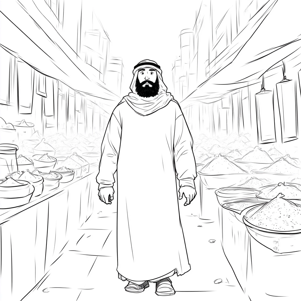 J_draft,black white cartoon,grayscale,draft,hand drawn,black white monochrome,A tall Middle Eastern man, short black beard, wearing a white thawb and headscarf, walking through a bustling market, stalls with colorful spices and fabrics, warm sunlight filtering through,front view