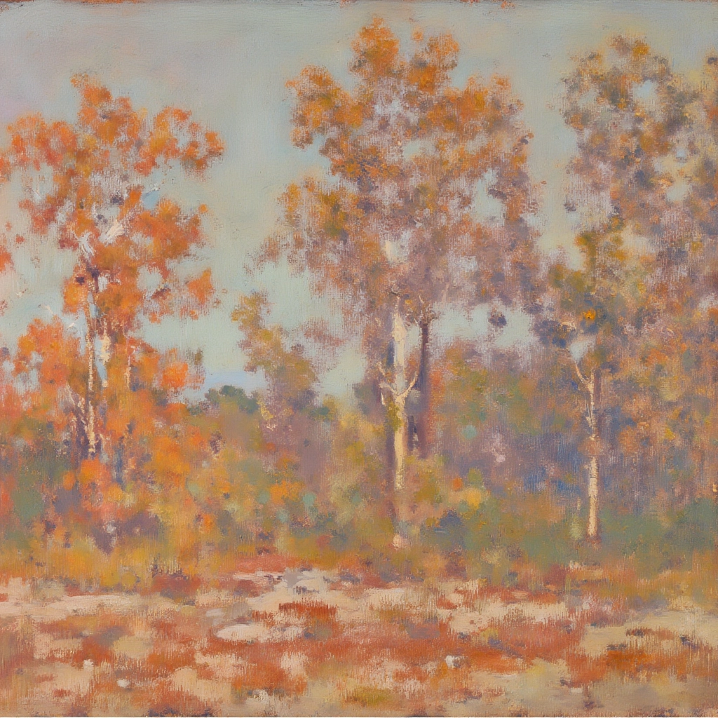 An oil painting by Alson Skinner Clark, depicting a serene autumn landscape. The painting features a grove of trees with leaves in vibrant shades of orange, red, and yellow, contrasting with the cooler blue and green tones of the distant foliage. The sky is a soft blend of light blue and pale gray, suggesting a calm, overcast day. The ground is covered with dry grass and scattered rocks, painted in warm earthy tones. The composition centers on the trees, with their tall, slender trunks creating vertical lines that guide the viewer's eye upward, while the horizontal layers of foliage and ground add depth to the scene. The use of complementary colors enhances the autumnal atmosphere, making the scene both tranquil and vibrant.