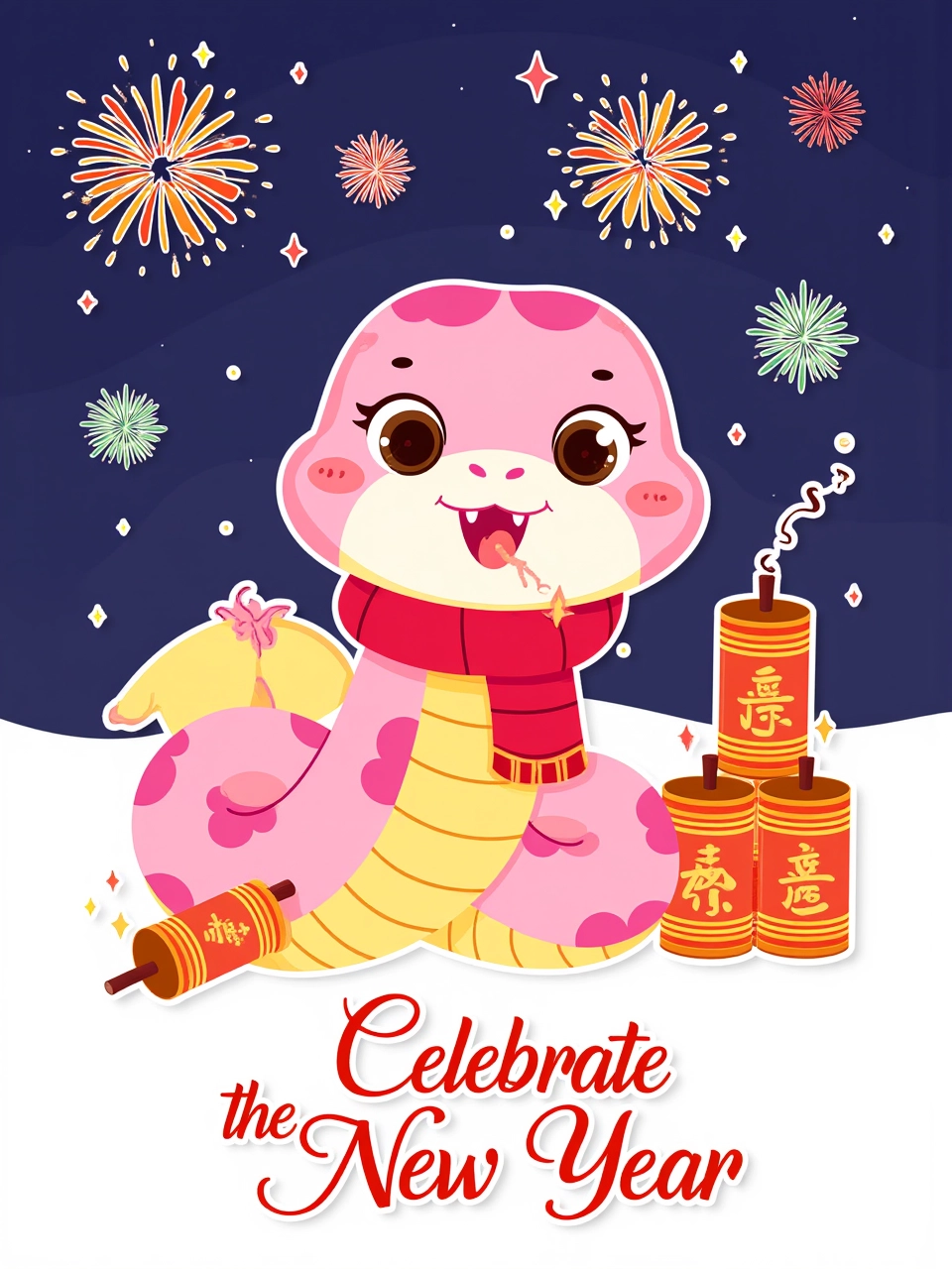 A vector illustration of a pink and yellow snake with a cute smile, wearing a red scarf and playing with firecrackers. The snake is coiled around a stack of firecrackers, with a few sparks coming off them. The background features a night sky filled with bright fireworks. "Celebrate the New Year" is written in elegant calligraphy along the bottom of the image.